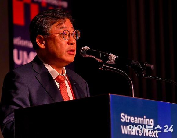 22일 오전 부산 파라다이스 호텔에서 열린 2025 국제 스트리밍 페스티벌 개막식에서 류제명 과학기술정보통신부 제2차관이 축사를 진행하고 있다. [사진=안세준 기자]