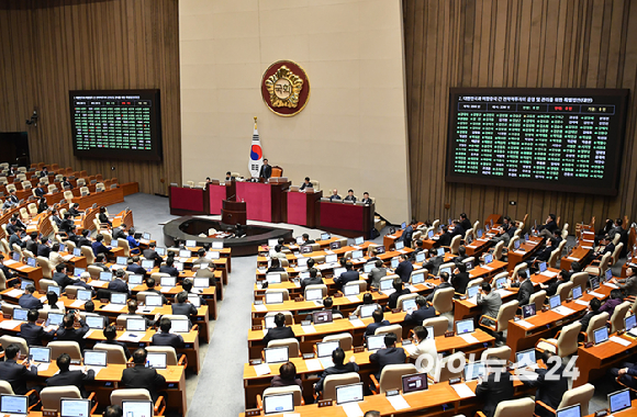 12일 서울 여의도 국회에서 열린 본회의에서 한미 전략적 투자 관리를 위한 특별법(대미투자특별법)이 통과되고 있다. [사진=곽영래 기자]