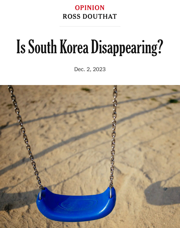 미국 뉴욕타임스(NYT) '한국은 소멸하는가' 칼럼 [사진=미국 뉴욕타임스 갈무리]