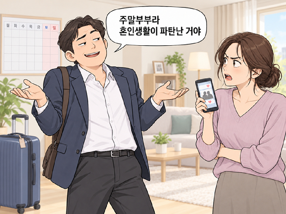 주말부부임을 이용해 외도를 해놓고 "주말에만 만나는 건 혼인 생활이 파탄난 것"이라며 당당해하는 남편에게 분노하는 여성의 사연이 알려졌다. 그림은 챗GPT로 생성한 인공지능(AI) 이미지. [이미지=챗GPT]