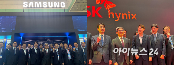 14일 서울 강남구 코엑스에서 열린 '제28회 반도체대전(SEDEX 2026)'에서 안현 SK하이닉스 CDO 사장이 젠슨 황 엔비디아 CEO의 친필 서명이 담긴 HBM 구조 모형을 소개하자 송재혁 삼성전자 CTO 사장이 이를 살펴보고 있다. [사진=권서아 기자]