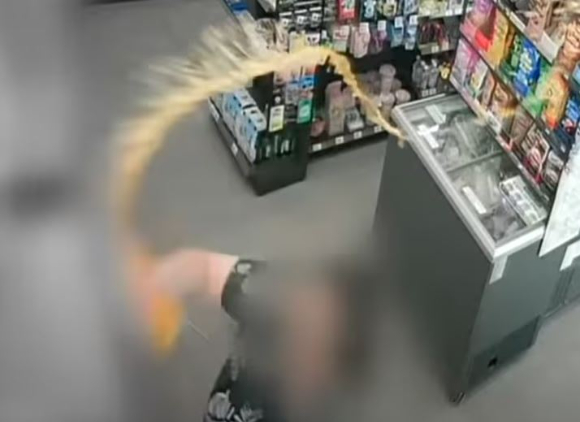 편의점 내부에서 취식을 금지시킨 점주에게 분노해 난동을 부린 40대 손님이 경찰에 체포됐다. 사진은 편의점 점주에게 음료수를 뿌리고 있는 손님. [사진=JTBC 보도화면 캡처]