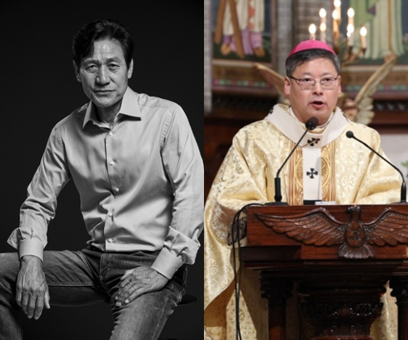 안성기와 故 정순택 대주교. [사진=아티스트컴퍼니, 천주교 서울대교구]