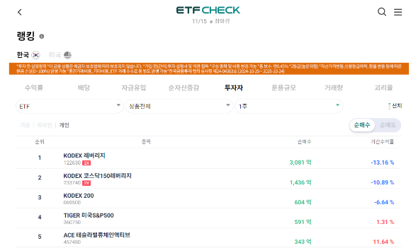 국내 개인 투자자 순매수 상위 종목 [사진=코스콤 ETF 체크 갈무리]