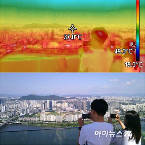 전국적으로 폭염이 이어지는 6일 서울 여의도 63빌딩에서 열화상카메라로 바라본 서울 시내 모습. 온도가 높을수록 붉은색, 낮을수록 푸른색으로 표시된다. [사진=곽영래 기자]
