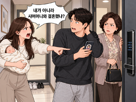 결혼 후 시어머니에게 스스럼없이 도어락 비밀번호를 계속 알려주는 등 아내가 아니라 시어머니를 먼저 챙기는 남편 때문에 고통받는 여성의 사연이 알려졌다. 그림은 챗GPT로 생성한 인공지능(AI) 이미지. [이미지=챗GPT]
