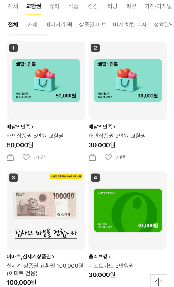 5월 24일 오후 8시 기준 카카오톡 선물하기 교환권 카테고리 순위. [사진=카카오톡 선물하기 캡처]