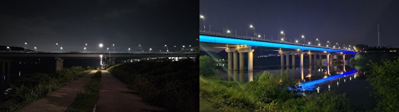 ‘달성군 세천교 야간경관 개선사업’ 사업전과 사업후(왼쪽부터) [사진=달성군]