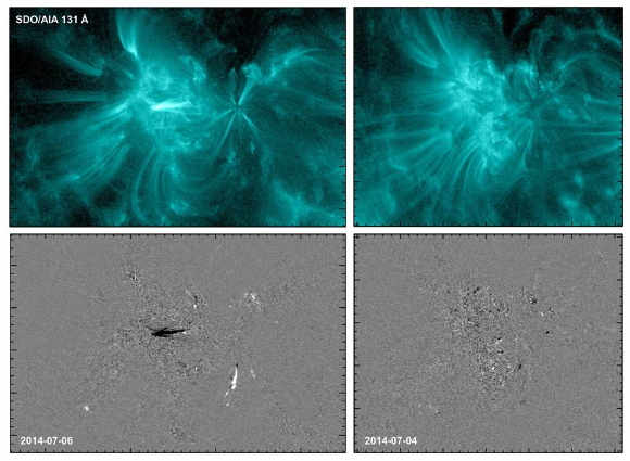 태양 플레어가 분출되기 전날(왼쪽 위쪽 이미지)은 플레어가 방출되지 않은 전날(오른쪽 위쪽)보다 밝았다. 왼쪽 아래쪽 이미지(태양 플레어가 분출되기 전날)는 강렬한 변화를 의미하는 흑백영역이 더 많고 오른쪽 아래쪽 이미지(플레어가 방출되지 않은 전날)는 변화가 거의 없는 회색 영역만 보인다. 이를 통해 NASA 연구팀은 태양 플레어 전조현상을 파악해 대비할 수 있을 것으로 기대했다. [사진=NASA]