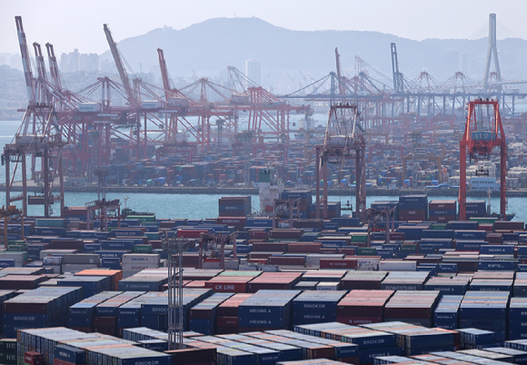 지난 22일 오후 부산항 신선대부두에 가득한 컨테이너 [사진=연합뉴스]
