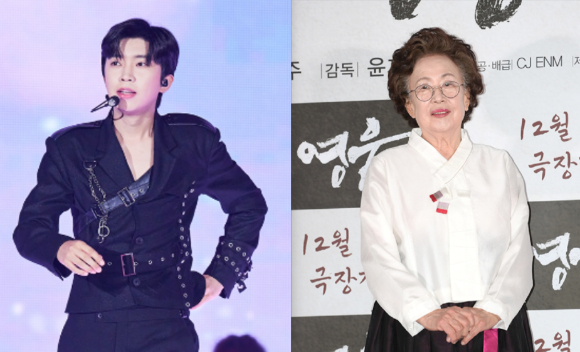 가수 임영웅의 전국투어 콘서트 '아임 히어로(IM HERO)' 고양 콘서트에 배우 나문희가 참석해 지난달 세상을 떠난 남편에 대한 사연을 적어내 화제가 됐다. 사진은 (왼쪽부터) 임영웅이 전국투어 콘서트 &lsquo;IM HERO&rsquo;(아임 히어로) 무대에서 팬들을 만나고 있는 모습,배우 나문희가 서울 용산구 CGV 용산아이파크몰에서 진행된 영화 '영웅' 언론시사회에 참석하고 있는 모습. [사진=물고기 뮤직 / 아이뉴스24]