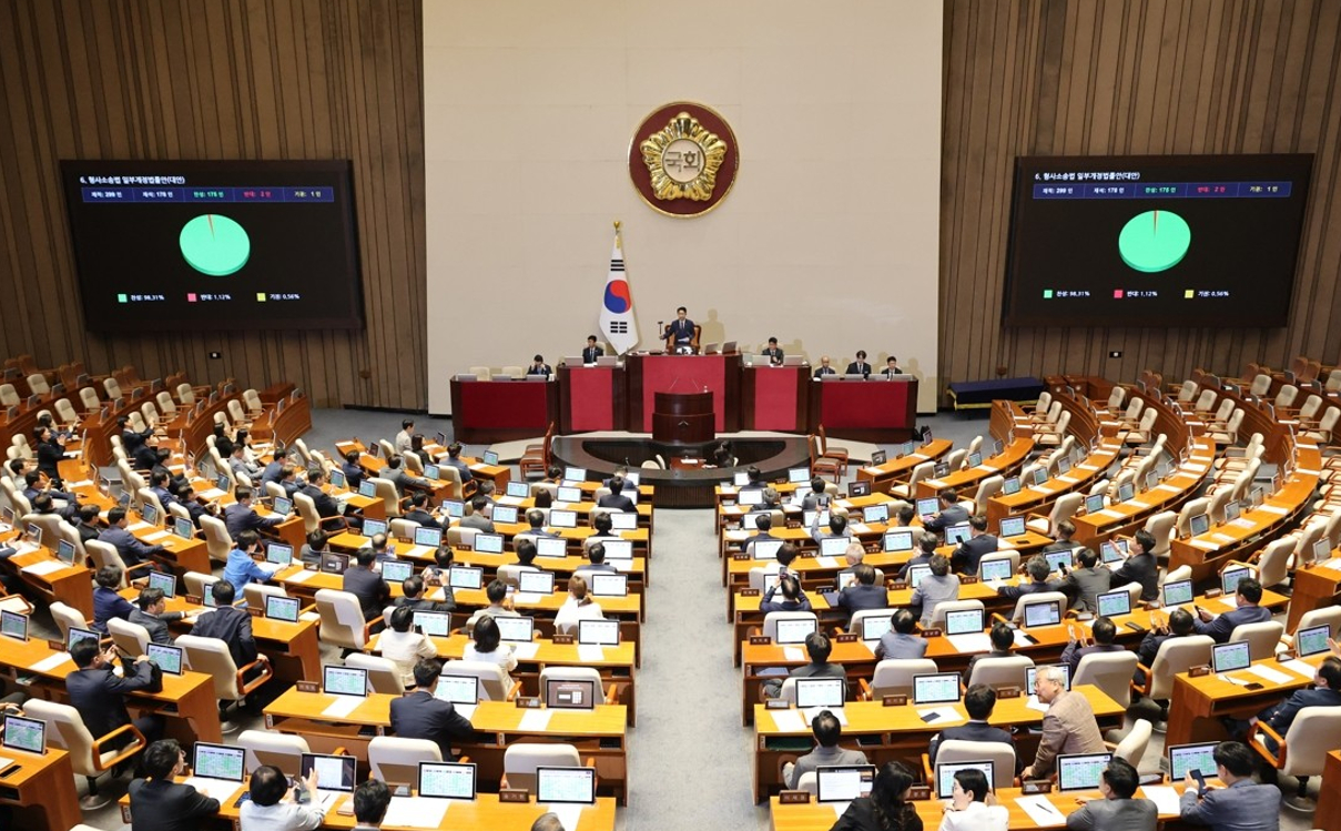 31일 국회에서 열린 7월 임시국회 제3차 본회의에서 전날 상정된 '보완수사권 폐지'를 골자로 하는 형사소송법 개정안이 여당 주도로 통과되고 있다. 2026.7.31 [사진=연합뉴스]