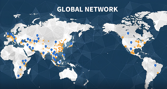 글로벌 네트워크 지도. CJ대한통운은 전 세계 46개국, 282개 도시에서 462개 물류 거점을 운영 중이다. [사진=CJ대한통운 홈페이지 캡처]