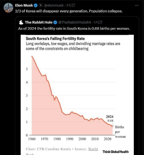 머스크가 자신의 X에 한국 출산율에 대한 글과 그래프를 올렸다. [사진=일론 머스크 테슬라 CEO X 캡쳐]