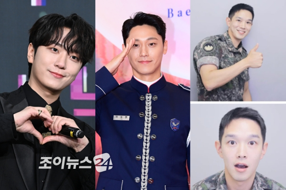 육군 현역 복무를 마친 그룹 방탄소년단 RM과 뷔가 10일 강원 춘천시 신북읍체육공원에서 거수경례하고 있다. [사진=연합뉴스]