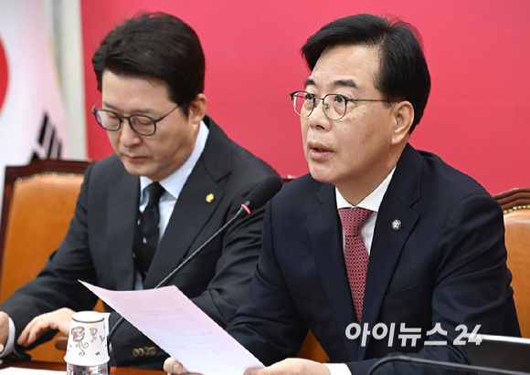 송언석 국민의힘 원내대표가 26일 서울 여의도 국회에서 열린 최고위원회의에서 발언하고 있다. [사진=곽영래 기자]