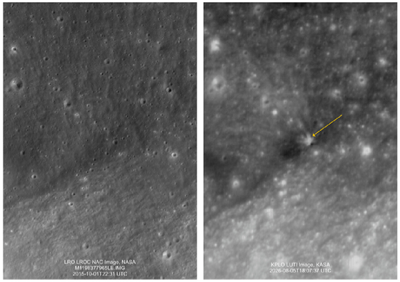 2015년 10월 01일 찍은 LRO(NASA의 달 탐사선)의 이미지(왼쪽)와 2026년 8월 6일 다누리가 찍은 달 표면(오른쪽). 지형변화를 볼 수 있다. [사진=우주청/NASA]