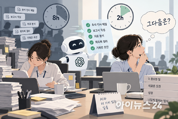 AI로 특정 업무의 시간은 줄었지만, 줄어든 시간에 어떤 일을 해야 하는 지가 AX를 추진하는 기업들에 숙제로 떠오르고 있다. [사진=챗GPT]