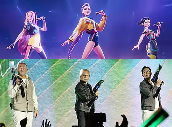 젠슨 황 엔비디아 CEO, 이재용 삼성전자 회장, 정의선 현대차그룹 회장의 '깐부 치킨 회동' 이후 온라인 중심으로 이들을 '케이팝 데몬 헌터스(케데헌)'에 빗대 치켜세우는 반응이 나오고 있다. [사진=넷플릭스, 연합뉴스]