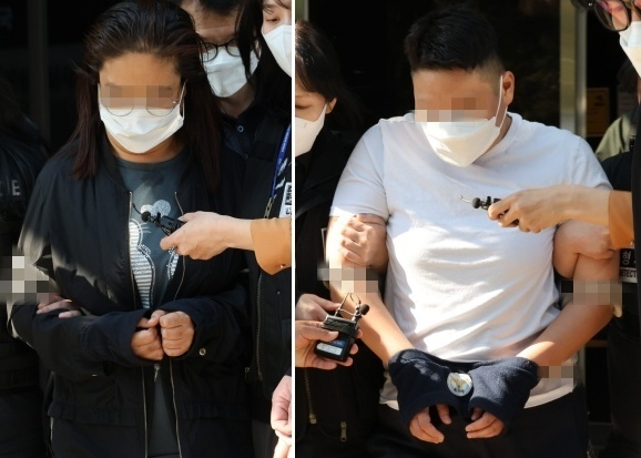 약물을 탄 술로 남편을 살해하려 한 혐의를 받는 태권도장 직원(왼쪽)과 공범 관장이 9일 오후 구속 전 피의자 심문(영장실질심사)이 끝난 뒤 인천지법 부천지원을 나서고 있다. 2026.5.9 [사진=연합뉴스]