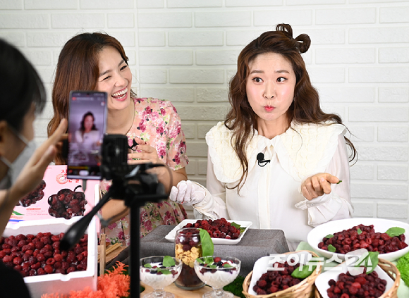 산림조합중앙회(회장 최창호)가 임업인 소득향상을 위하여 경북 포항 장기산딸기영농조합법인과 함께 25일 경기도 고양시의 한 스튜디오에서 '포항 장기 냉동 산딸기' 라이브커머스를 진행했다. 일일 쇼호스트로 나선 방송인 하지혜와 개그우먼 김경아가 상품을 소개하고 있다.