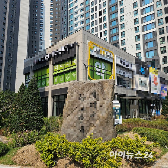 서울 동대문구 이문동 아파트 상가 앞에 설치된 조경석 2025.05.27 [사진=이효정 기자 ]