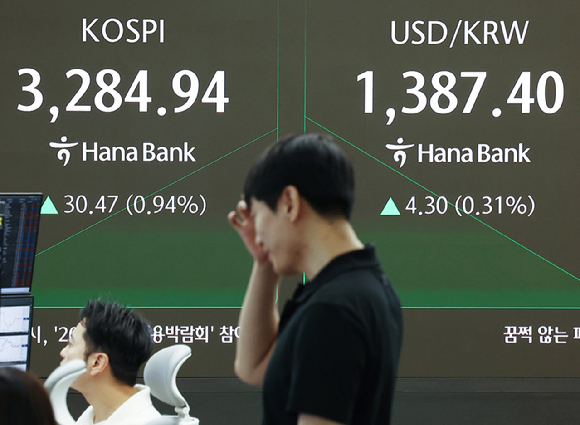 한미 무역 관세 협상이 타결된 지난달 31일 오전 서울 중구 하나은행 본점 딜링룸 현황판에 코스피, 원/달러 환율이 표시돼 있다. [사진=연합뉴스]