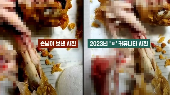 치킨점 고객이 "닭이 덜 익었다" 등의 이유로 업주에게 환불과 보상을 요구했으나 알고 보니 자작극인 것으로 드러났다. 사진은 A씨 가게 손님이 보낸 치킨 사진과 지난 2023년 한 온라인 커뮤니티에 올라온 치킨 사진. [사진=JTBC 사건반장]