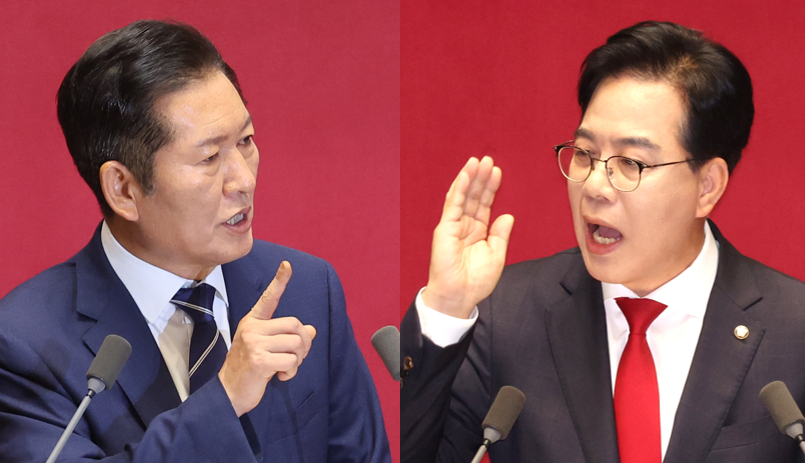 더불어민주당 정청래 대표(왼쪽)가 지난 9일 서울 여의도 국회 본회의에서 교섭단체 대표 연설을 하고 있다. 국민의힘 송언석 원내대표가 10일 서울 여의도 국회에서 열린 본회의에서 교섭단체 대표 연설을 하고 있다. [사진=연합뉴스]