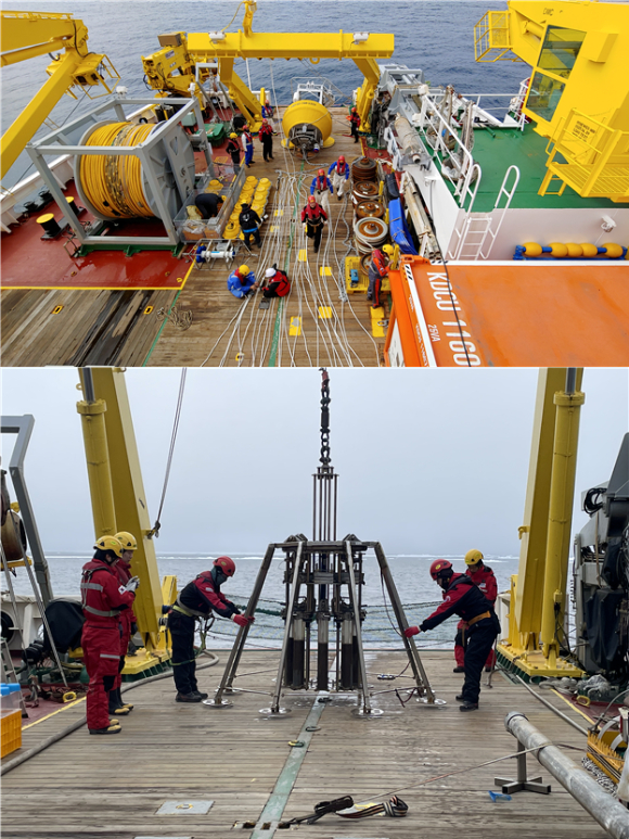해양-대기 종합 관측 장비 설치 전 준비 모습(위쪽)과 동시베리아해 해저퇴적물을 채취하기 위한 롱코어 작업을 하고 있다. [사진=극지연구소]