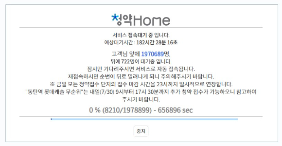2024년 7월 무순위 청약 등에 신청자가 몰리면서 한국부동산원 청약홈 홈페이지가 마비됐다. [사진=한국부동산원 청약홈 캡쳐]