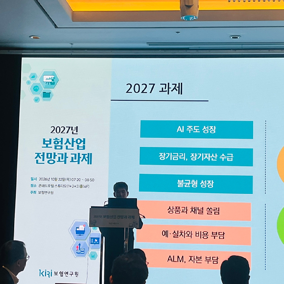 김헌수 보험연구원장이 22일 서울 영등포구 콘래드 호텔에서 열린 '2027년 보험산업 전망과 과제'를 주제로 열린 보험연 조찬 세미나에서 개회사를 하고 있다. [사진=홍지희 기자]