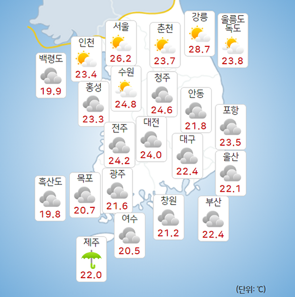 27일 오전 9시 현재 전국 날씨. [사진=기상청 날씨누리]