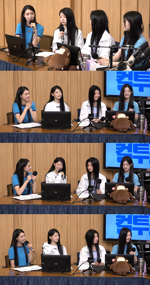 걸그룹 '아일릿' 멤버 (왼쪽부터)윤아, 모카, 원희, 민주가 24일 SBS 라디오 파워FM '두시탈출 컬투쇼' 방송에 참여하고 있다. [사진=SBS]
