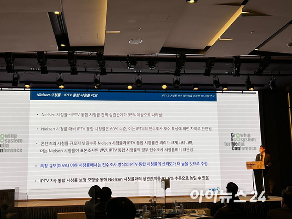 박현수 단국대 교수가 17일 열린 지미콘2021행사에서 'IPTV 3사 셋톱 전수 데이터를 이용한 TV 시청 연구'를 주제로 발표했다. [사진=심지혜 기자]