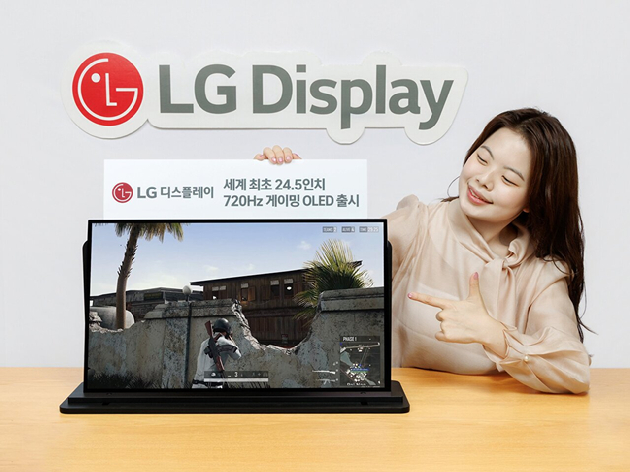 LG디스플레이 직원이 '24.5인치 720㎐ 게이밍 OLED' 패널을 소개하고 있다. [사진=LG디스플레이]