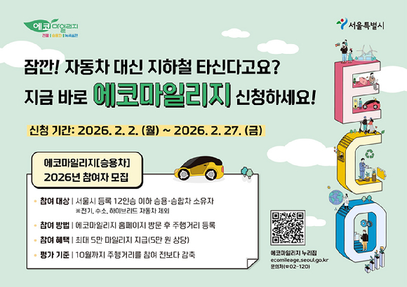 서울시가 에코마일리지 제도 중 하나인 '승용차 마일리지'의 참여자를 2월 27일까지 모집한다. 사진은 관련 포스터. [사진=서울시]