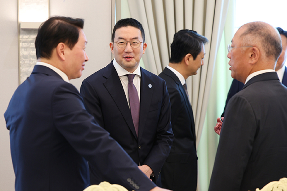 이재명 대통령이 13일 서울 용산 대통령실에서 열린 6경제단체·기업인 간담회에서 이재용 삼성전자 회장과 악수하고 있다. 2025.6.13 [사진=연합뉴스]