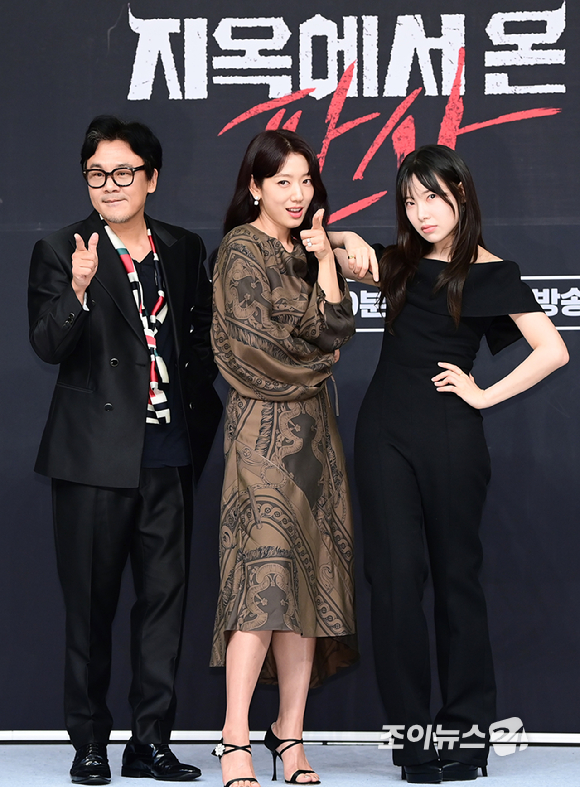 배우 김인권-박신혜-김아영이 19일 오후 서울 양천구 목동 SBS 사옥에서 진행된 SBS 금토드라마 '지옥에서 온 판사' 제작발표회에 참석하고 있다. [사진=정소희 기자]