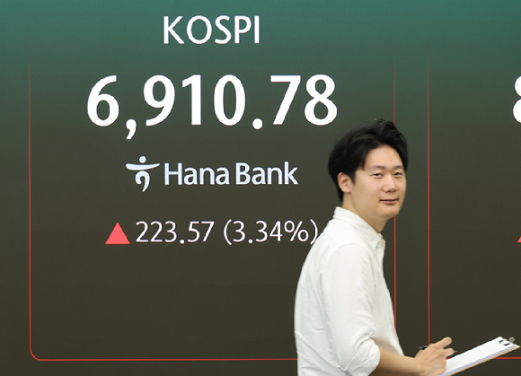 7일 서울 중구 하나은행 본점 딜링룸에서 직원들이 증시와 환율을 모니터하고 있다. 이날 코스피는 전일 대비 3.34%(223.57p) 상승한 6910.78로 시작했다. [사진=연합뉴스]