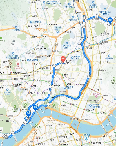 지도 앱에서 중랑구 A의료원과 강변북로, 유엔빌리지, 청량리 경로를 차례로 안내한 모습 [사진=다음지도 캡쳐]