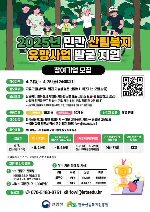 ‘2025년 민간 산림복지 유망사업 발굴 지원 프로그램' 안내 이미지. [사진=한국산림복지진흥원]