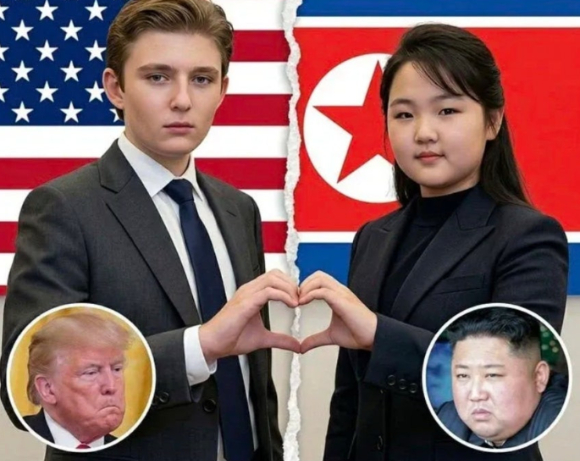 도널드 트럼프 대통령의 막내아들 배런 트럼프와 김정은 북한 국무위원장의 딸 김주애를 결혼시키면 세계 평화가 온다는 온라인 밈(meme&middot;유행 이미지)이 온라인에서 인기를 얻고 있다. 사진은 해당 밈. [사진=온라인 커뮤니티]