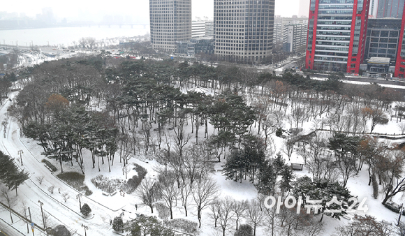 밤 사이 눈이 내린 20일 오전 서울 여의도 공원에 하얀 눈이 쌓여 있다. [사진=곽영래 기자]