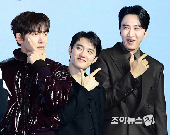 배우 지창욱-도경수-이광수가 3일 오전 서울 영등포구 콘래드 서울에서 열린 디즈니 플러스 오리지널 '조각도시' 제작발표회에 참석하고 있다. [사진=정소희 기자]