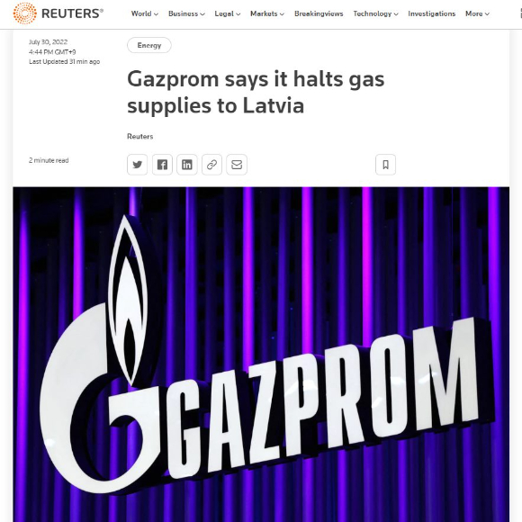 러시아 국영 가스 기업 가스프롬이 30일(현지시간) 라트비아의 가스 공급을 중단했다고 로이터통신 등 외신이 보도했다. [사진=로이터 캡쳐]
