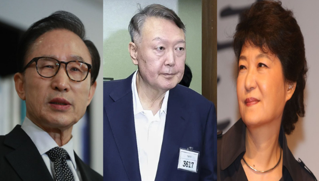 윤석열 전 대통령이 추가 구속 기소 후 법원에 보석을 청구하면서 이명박 전 대통령에 이어 두 번째로 허가가 이뤄질지 귀추가 주목된다. 사진은 왼쪽부터 이명박, 윤석열, 박근혜 전 대통령. [사진=연합뉴스]