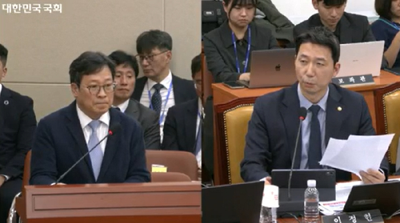 23일 국회 과학기술정보방송통신위원회 종합감사에서 이정헌 더불어민주당 의원(오른쪽)이 박인환 우정사업본부장에 질의하고 있다. [사진=국회의사중계시스템 영상 갈무리]