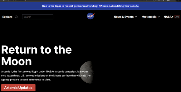 NASA가 연방정부 지원 중단으로 홈페이지를 업데이트하지 못하고 있다. [사진=NASA]