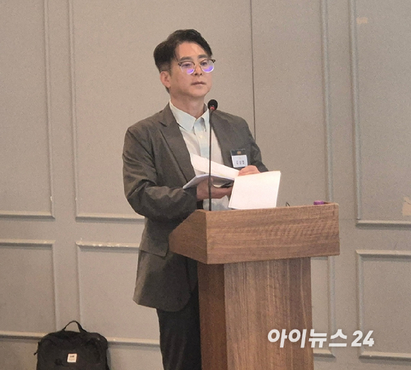 6일 기업공개(IPO) 기자 간담회에서 발표 중인 김상범 기도산업 사장 겸 최고재무책임자(CFO) [사진=성진우 기자]